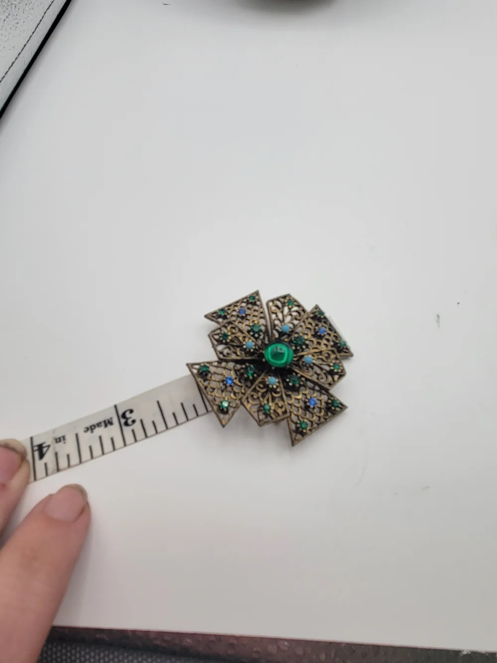 Vintage-Inspired JJ Green and Blue Filigree Cross Brooch